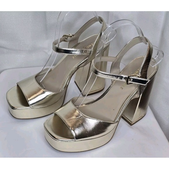 KENNETH COLE 8M Gold Metallic leather ultra high heel open toe platform pumps. - Picture 1 of 9
